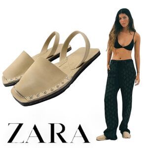 ZARA | Sand Brown | RIA COLLABORATION FLAT LEATHER SANDALS